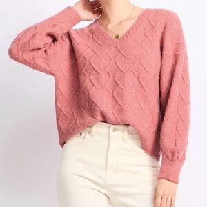 Market & Spruce Pink Heart Cable Knit Sweater NWT *SMALL PETITE* Cozy Slouchy